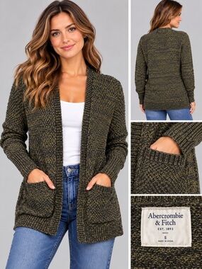 Abercrombie & Fitch Olive Marled Open-Front Cardigan